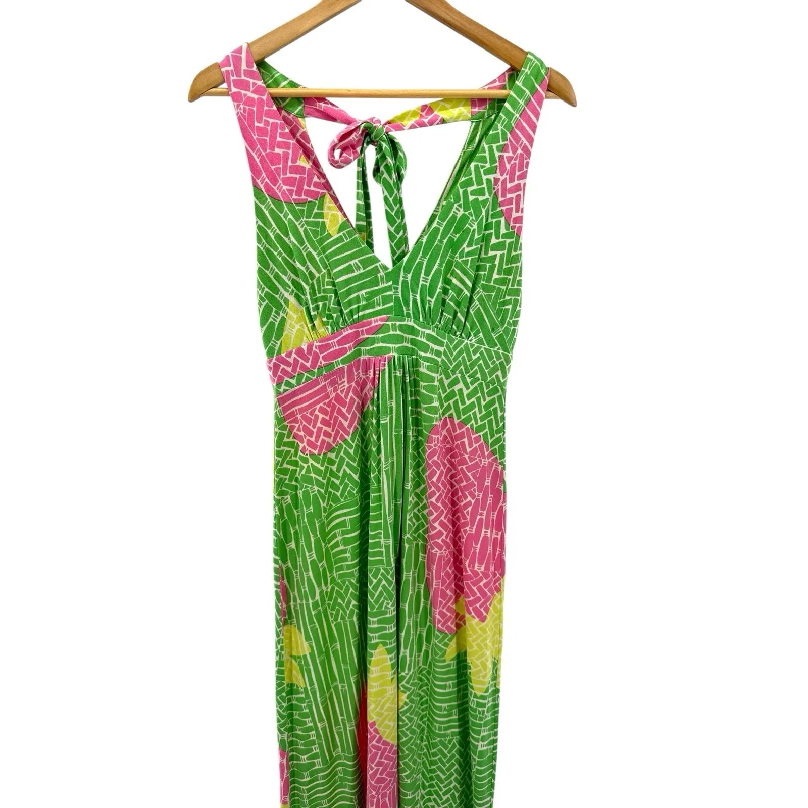 Lilly Pulitzer XS Silk Maxi Dress Green Pink Floral Boho Resort Tie-Back‎ V-Neck - Image 2