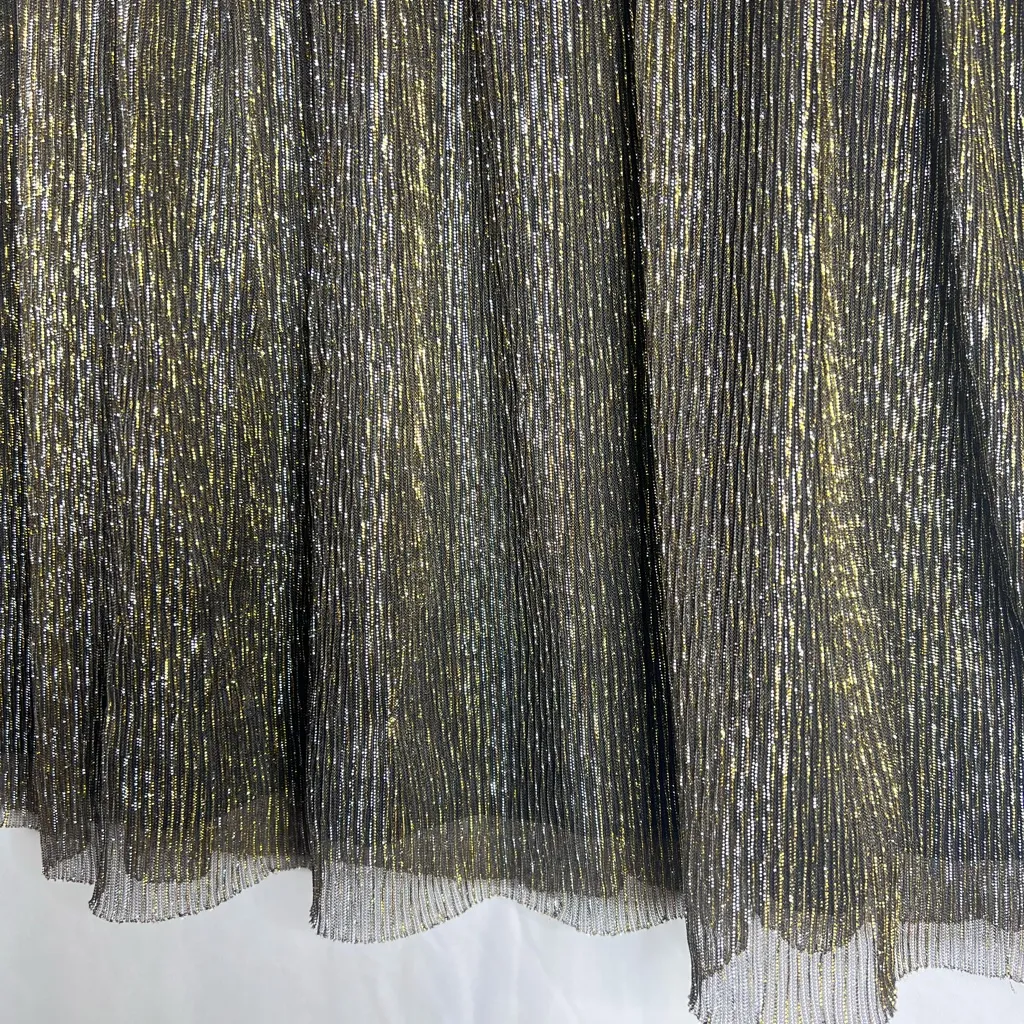 H&M Black and Gold Pleated Chiffon Elastic waistband Mini Skirt L Preppy Chic - Image 4