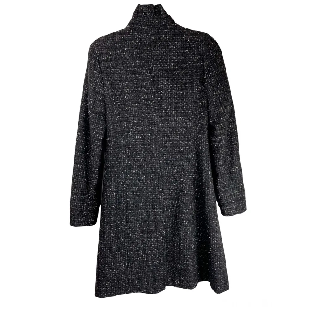 DKNY Black Brown Tweed Wool Ruffle Longline Coat Jacket Sz 4 - Image 2