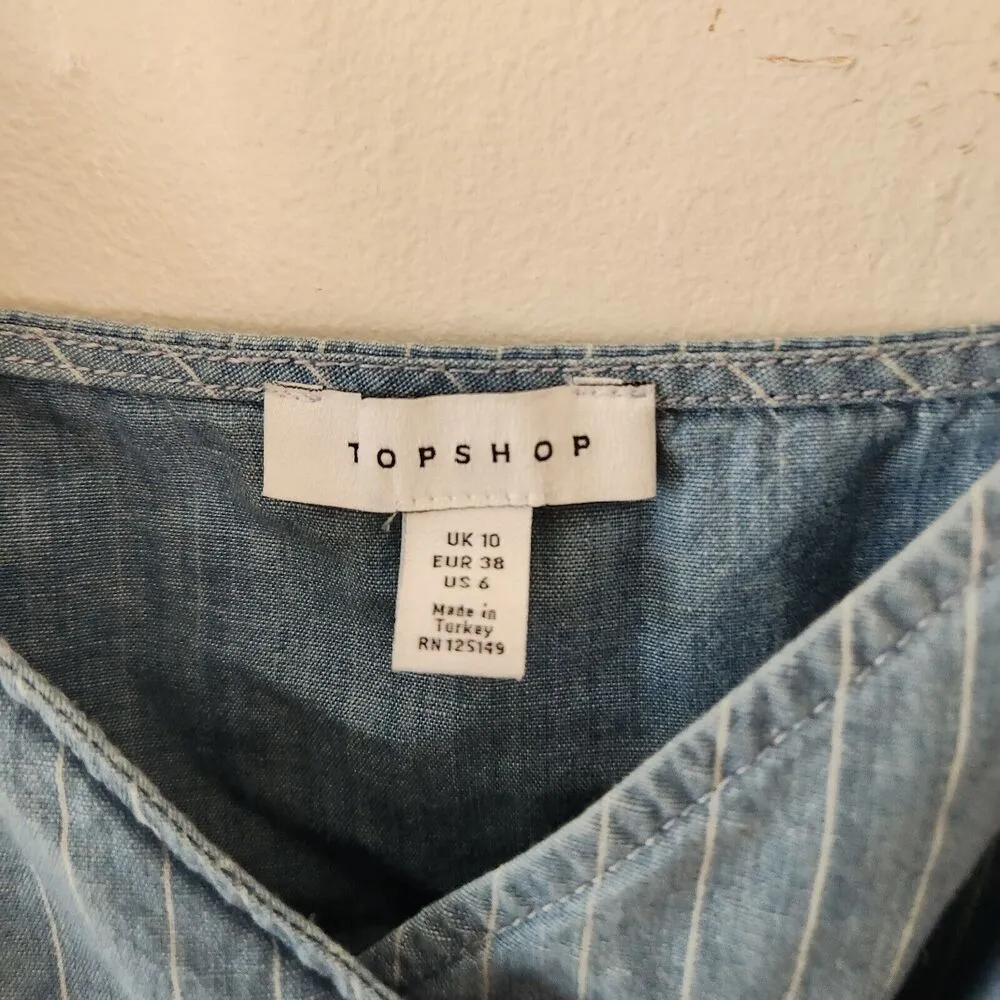 Topshop Chambray Denim Mini Dress Pin Striped Button Cami Wrap 6 Women Blue - Image 5