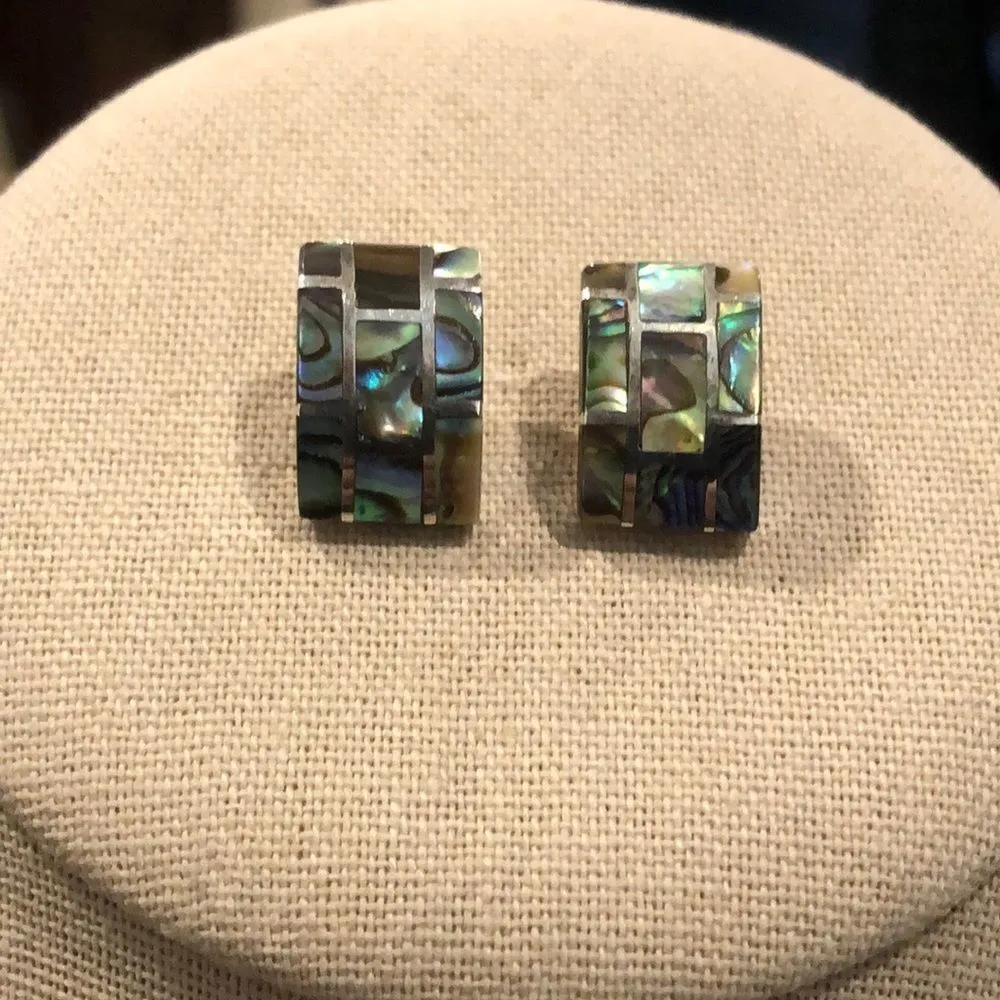 Vintage Sterling Silver Abalone Inlay Mosaic Earrings - Image 3