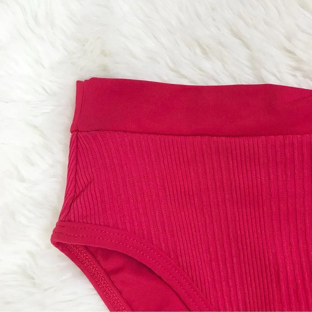 New L*SPACE Frenchi Bottom Bitsy Cut High Waist Bikini‎ Pointelle Rib Red Large - Image 6