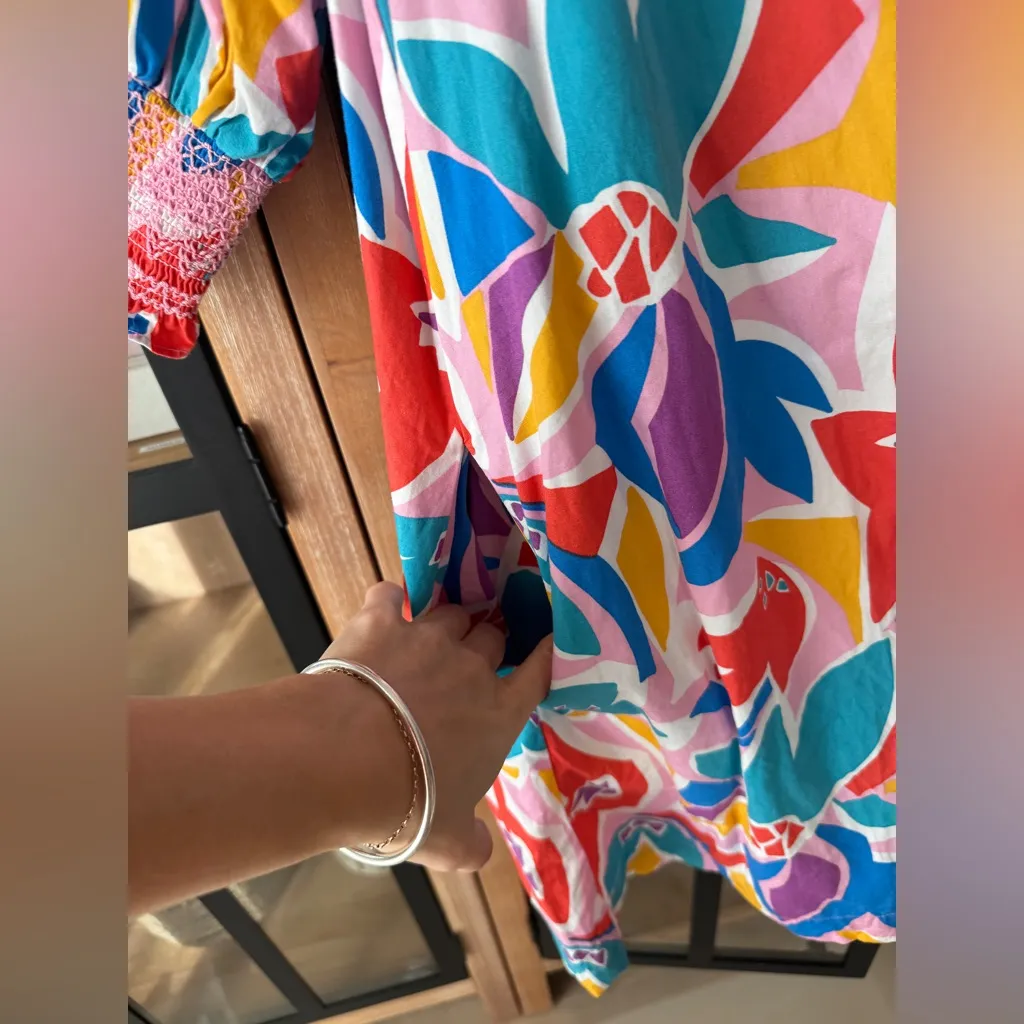 Fate smocked mini dress colorful print collar pockets 3/4 long sleeve floral Pink Size M - Image 8