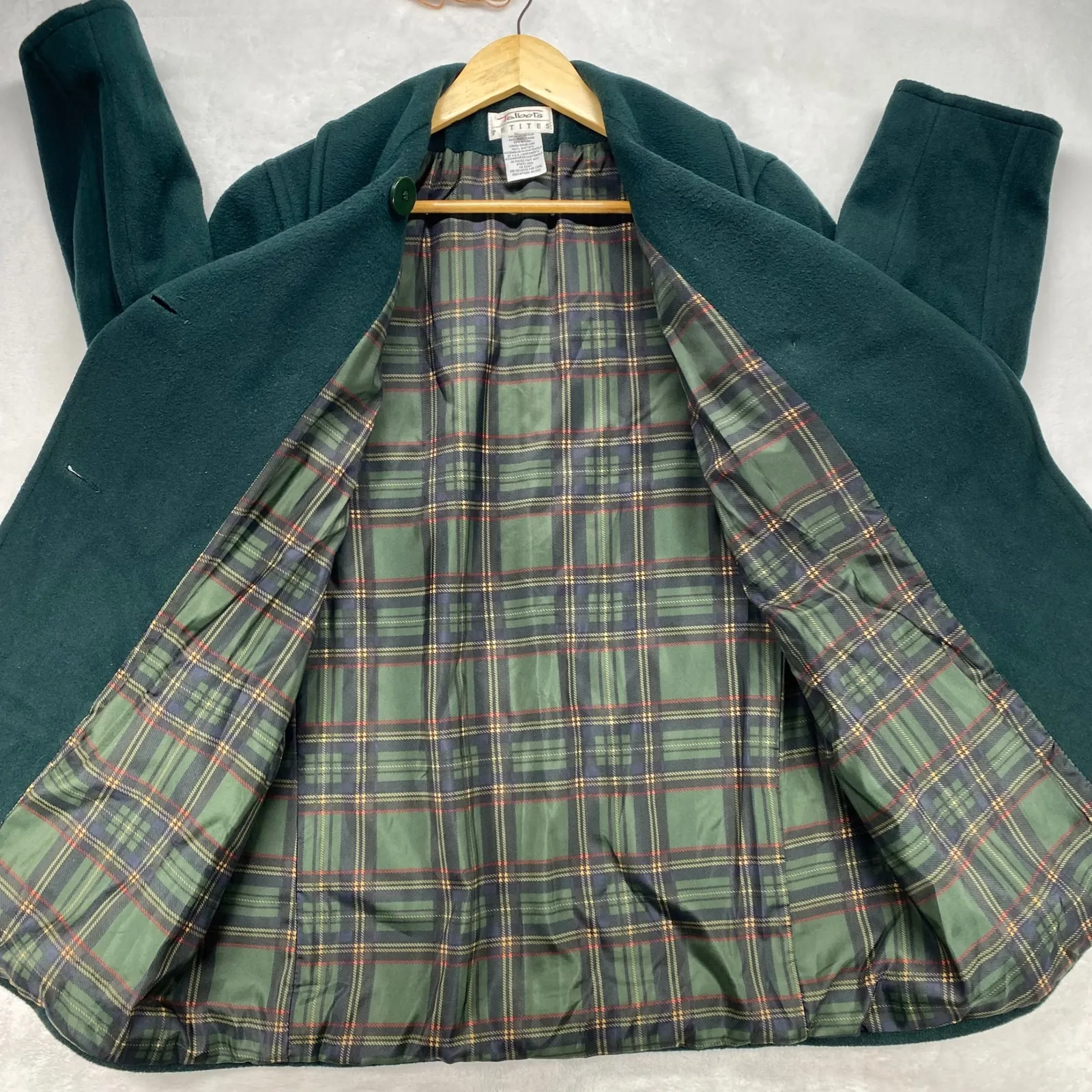 Talbots Petites Wool Pea Coat Green Plaid Lined Double Breasted‎ Jacket 10P - Image 6