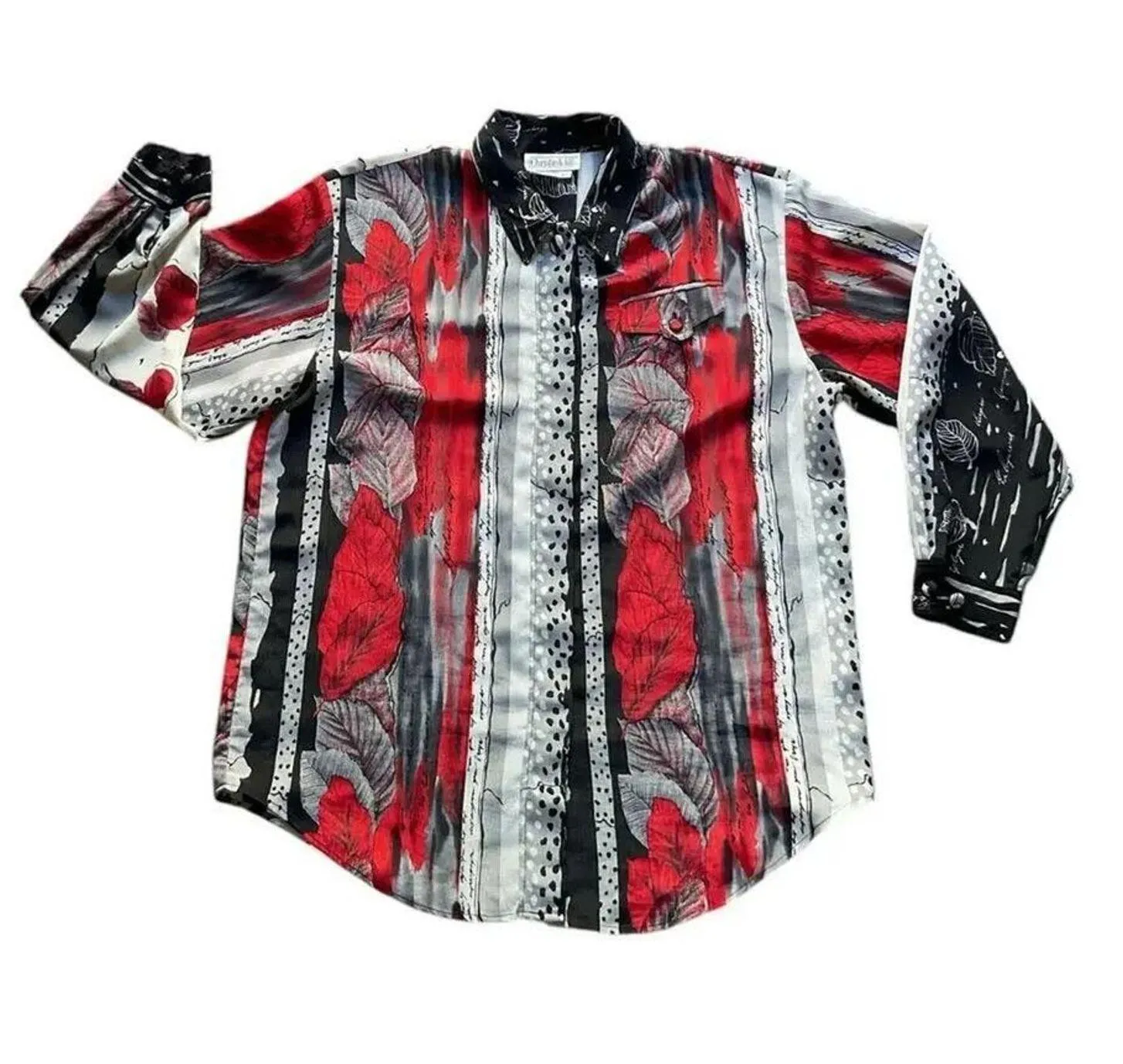 Vintage Christie & Jill Abstract Floral Button Up Shirt Red Black White XL - Image 6