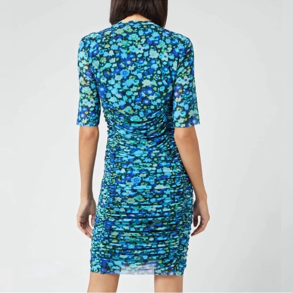 NEW Ganni Floral Print Mesh Short Sleeve Mini Dress Ruched Azure Blue EU 38 $250 - Image 2