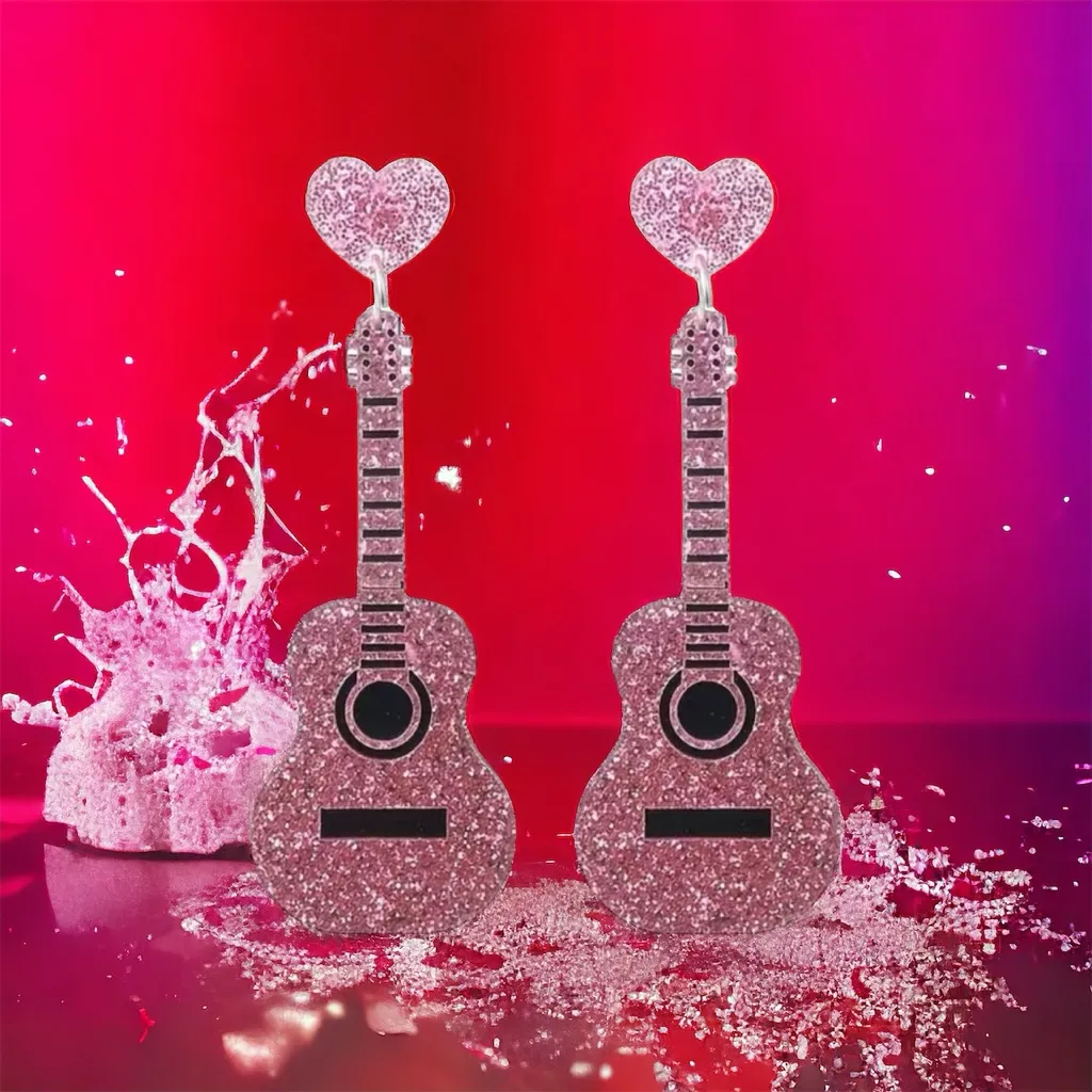 Sparkle with style: Pink guitar glitter‎ acrylic earrings - Image 2