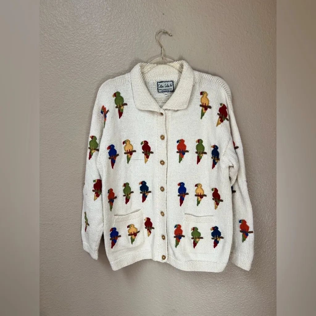 Cotton Salsa Cotton VTG Unisex Embroidered Parrot Knit Cardigan Sweater Size XL - Image 2