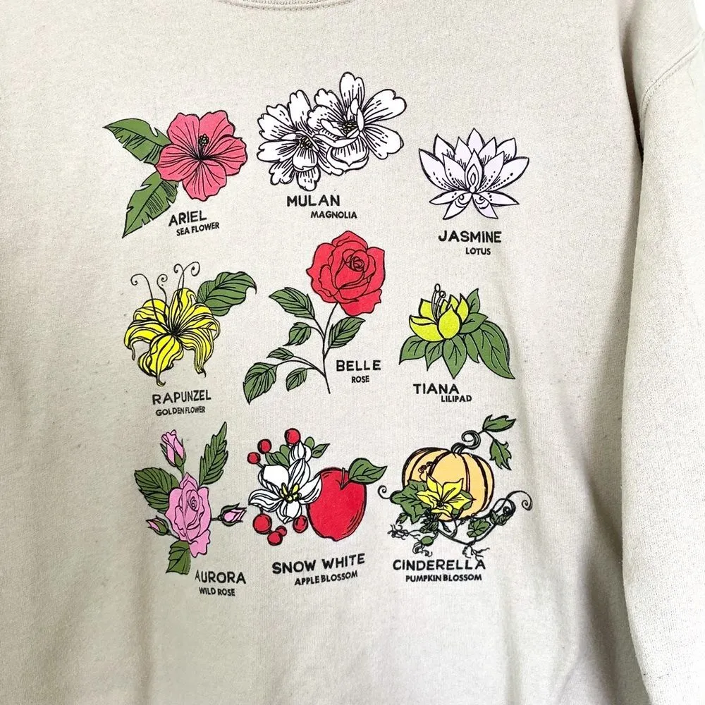 Disney Princess Floral Chart Graphic Print Tan Soft Crew Neck Knit Sweater Small - Image 5