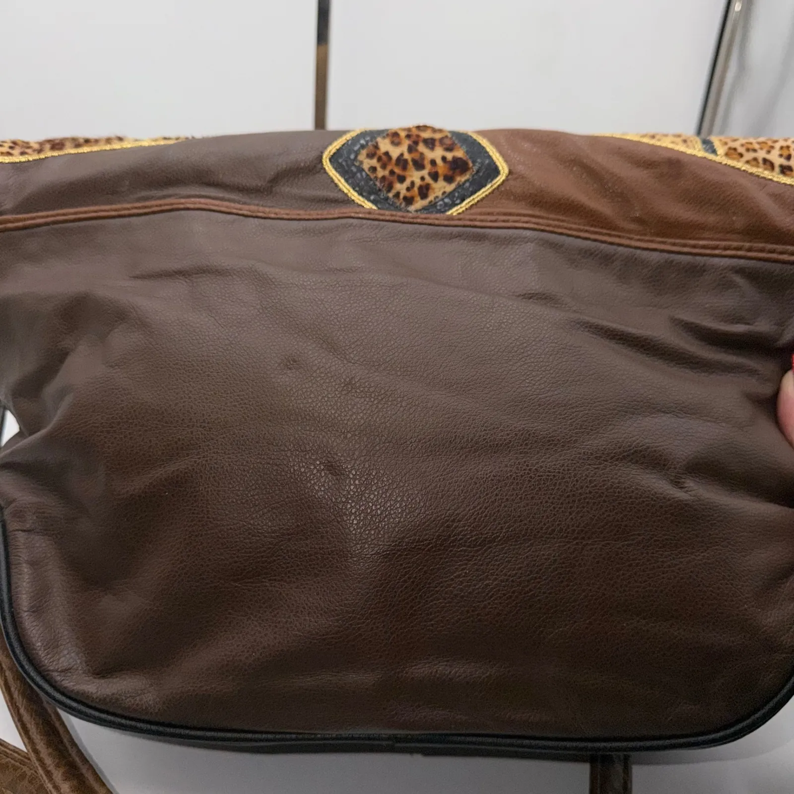 Vintage Made in USA Brown Leather Patchwork Shoulder Bag Leopard Print Snake - Image 11