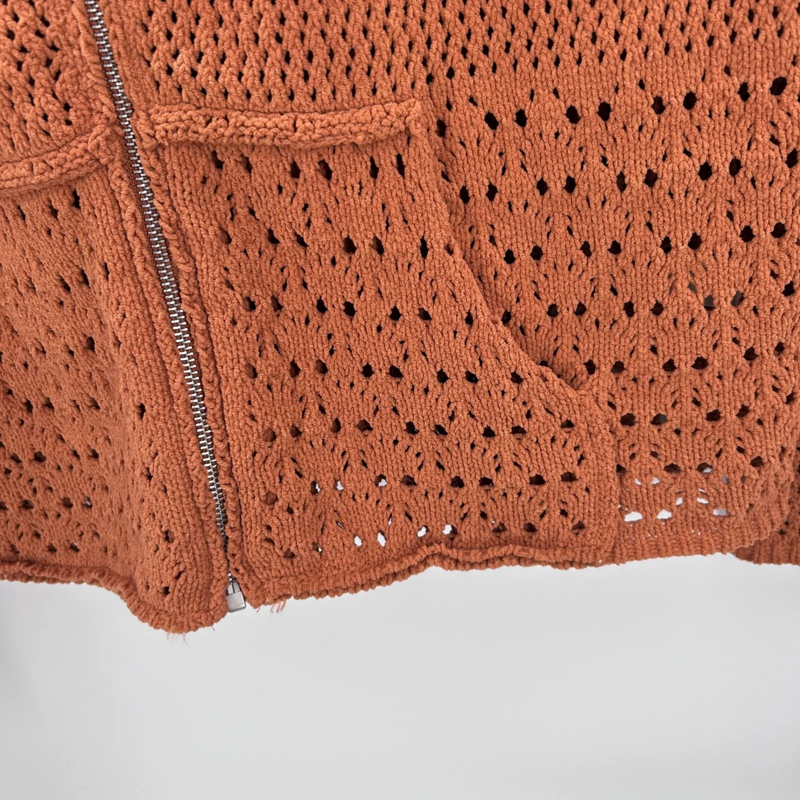 BKE Crochet Open Knit Zip Up Hoodie Orange Rust Brown Sweater Women's Medium - Image 6