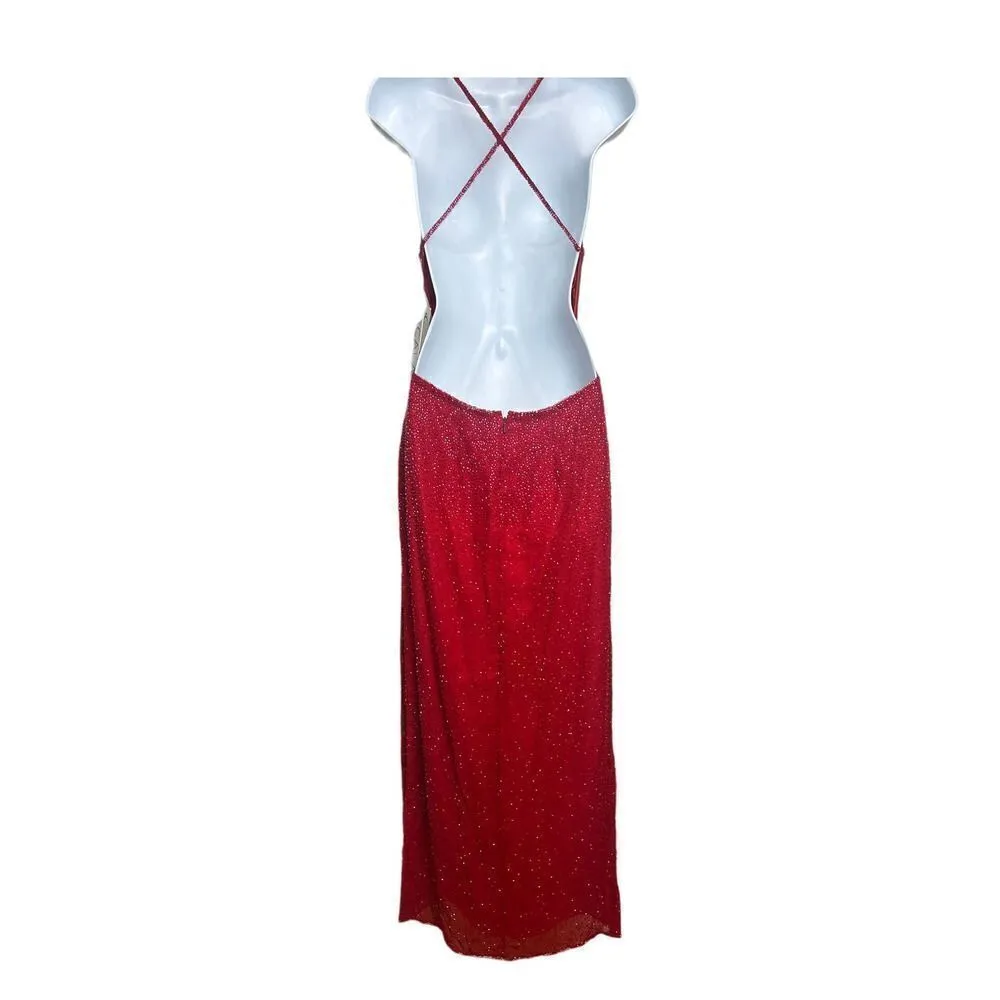 Scala Red Silk Beaded Plunge Neckline Dress Gown NWT Sz. PM - Image 4