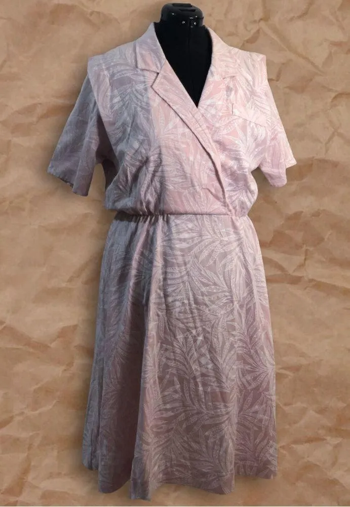 Vintage Stuart Alan Petites Pink White Leaf Pattern Design Collared Midi Dress Size undefined - Image 7