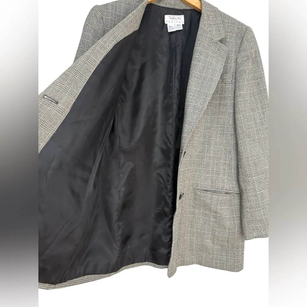 TALBOTS PETITES VINTAGE Glen Plaid Wool Career Blazer Gray Black 10P - Image 4