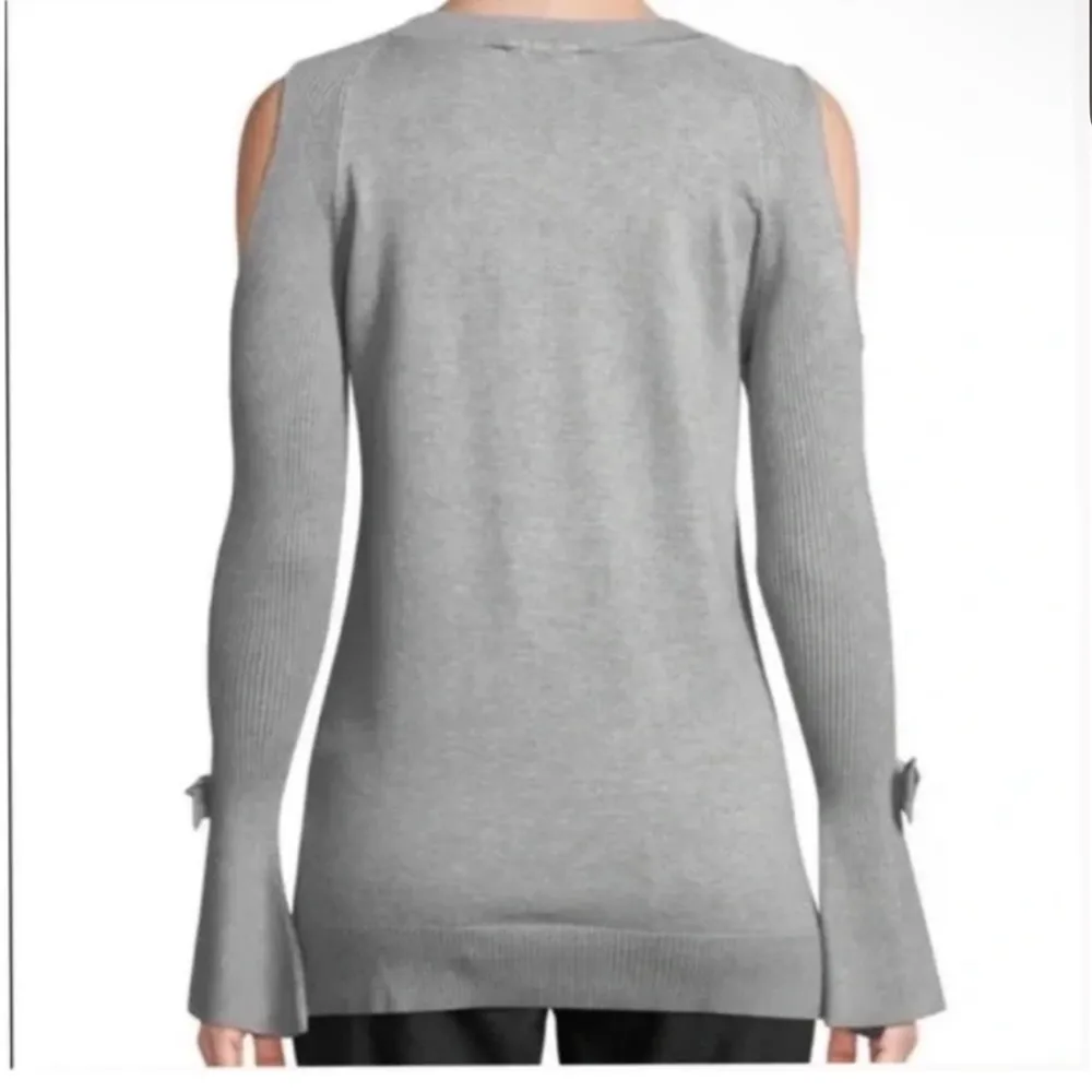 EUC Karl Lagerfeld Grey Bell Sleeved Cold Shoulder Sweater with Bow Tie Wrists - Image 4