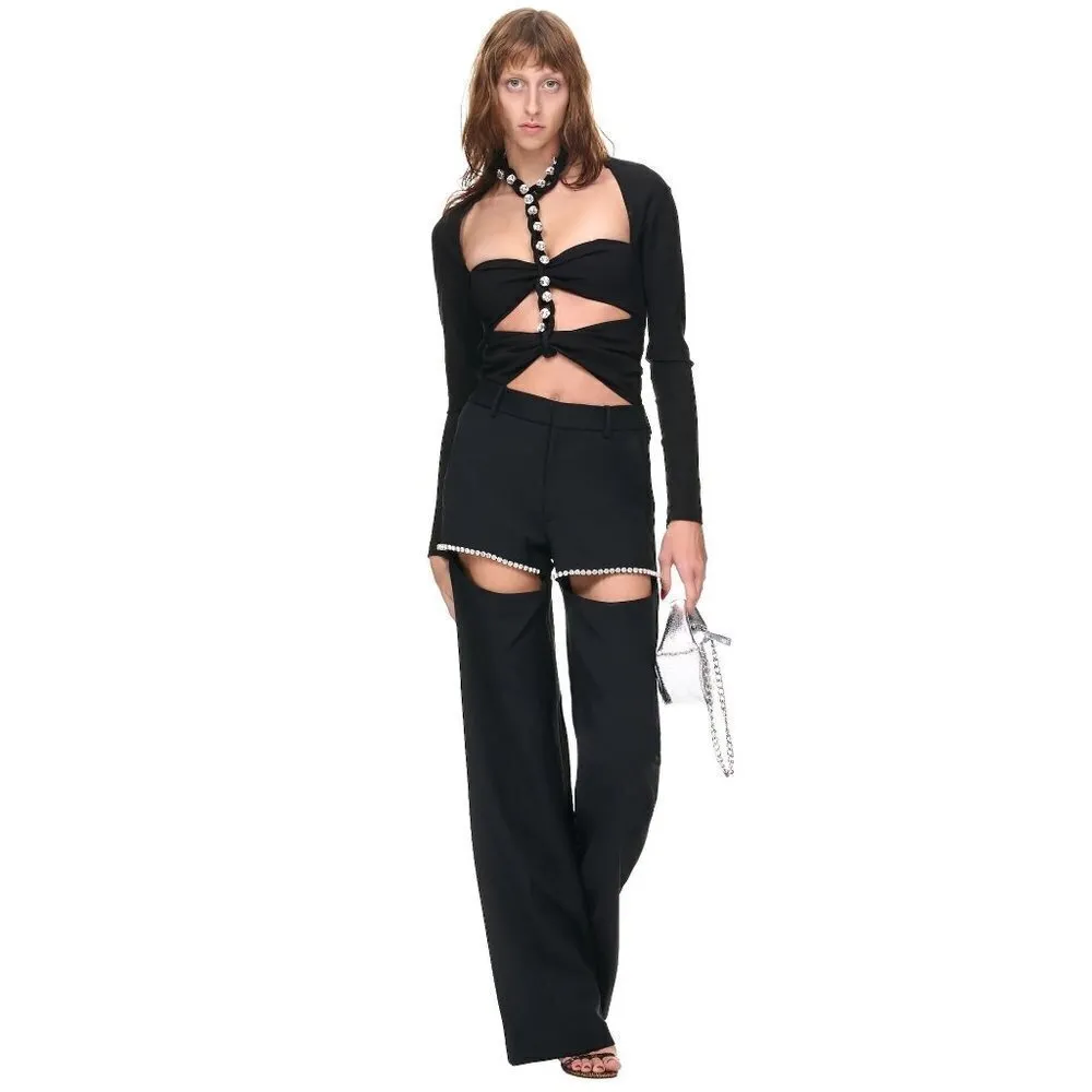 AREA Chain Link Long Sleeve Bodysuit in Black Large New Womens Crystal Top - Image 10