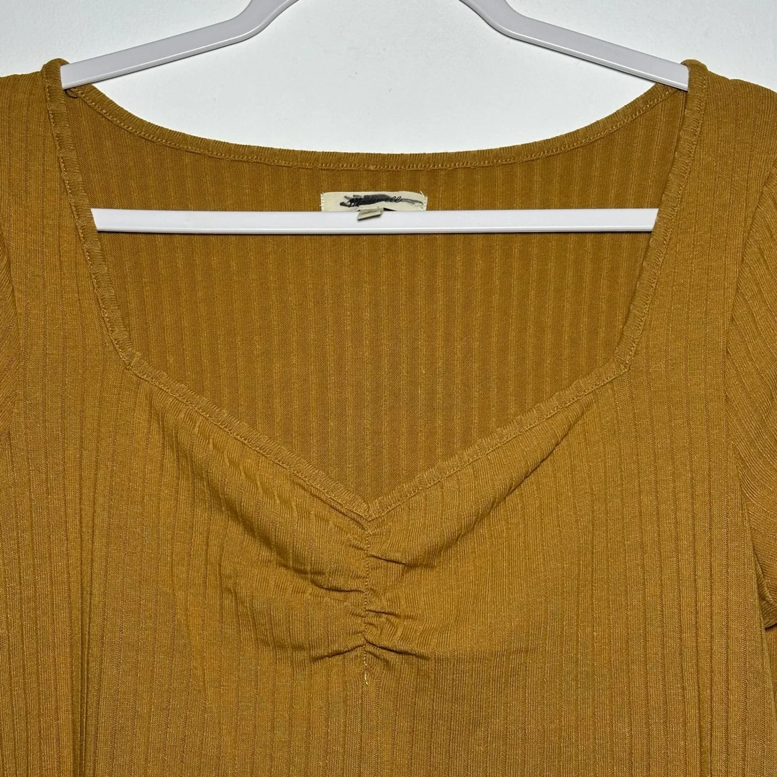 Madewell Ribbed Square Neck Ruched Short Sleeve Top Mustard Yellow Size L - Image 6
