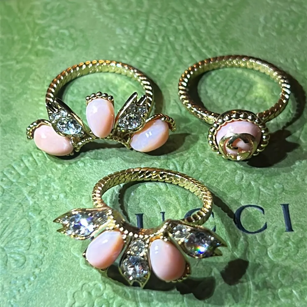 Gucci Interlocking G Flower Ring Ottone/Resin/Strass Gold Pink Crystal 702609 - Image 6