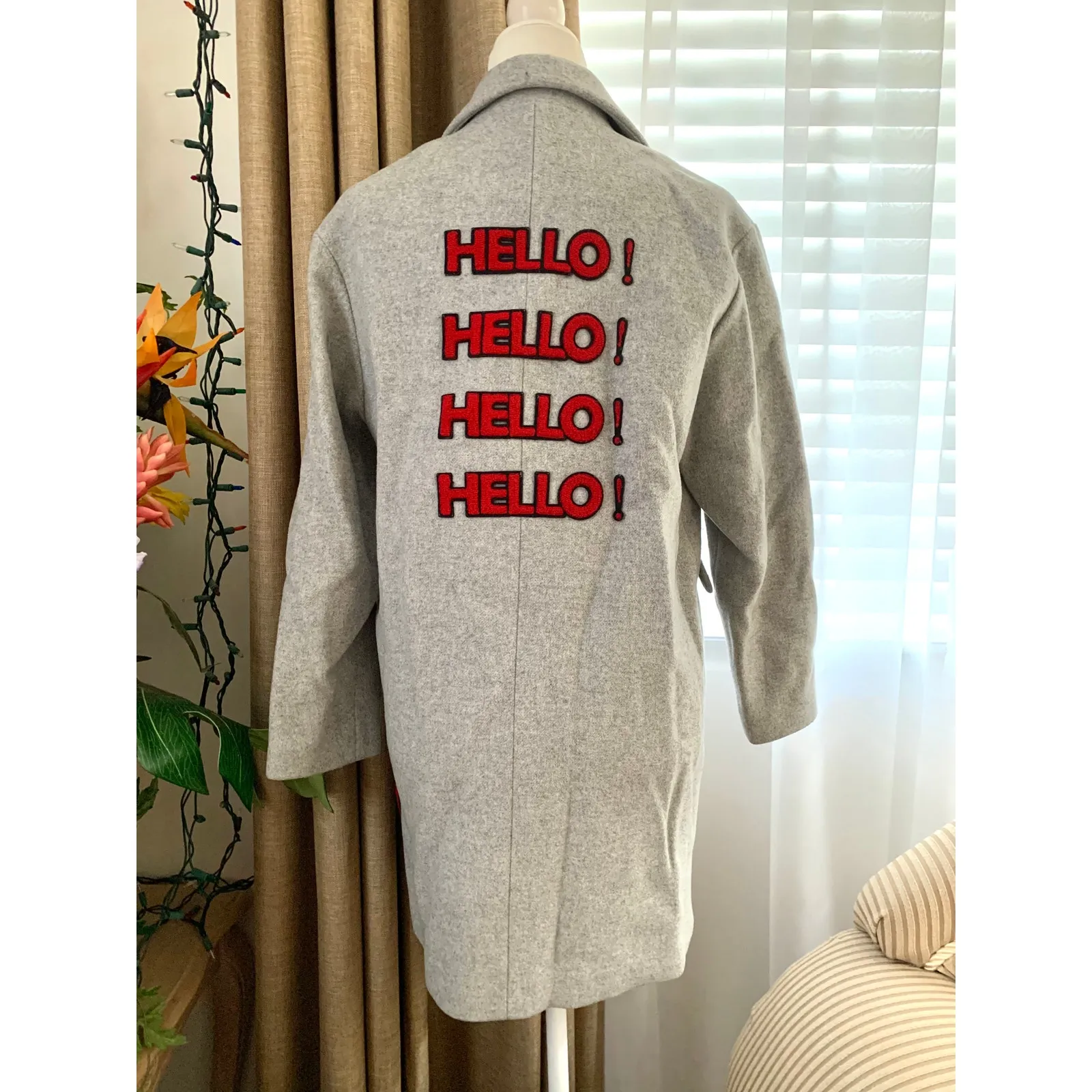 Ochirly Wool Blend "Hello! Oh! Yeah" Coat in Light Gray - Image 2