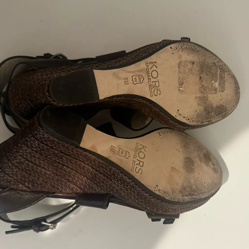 KORS Michael Kors Brown Leather Jute Wedge Sandals Size 8 - Image 10