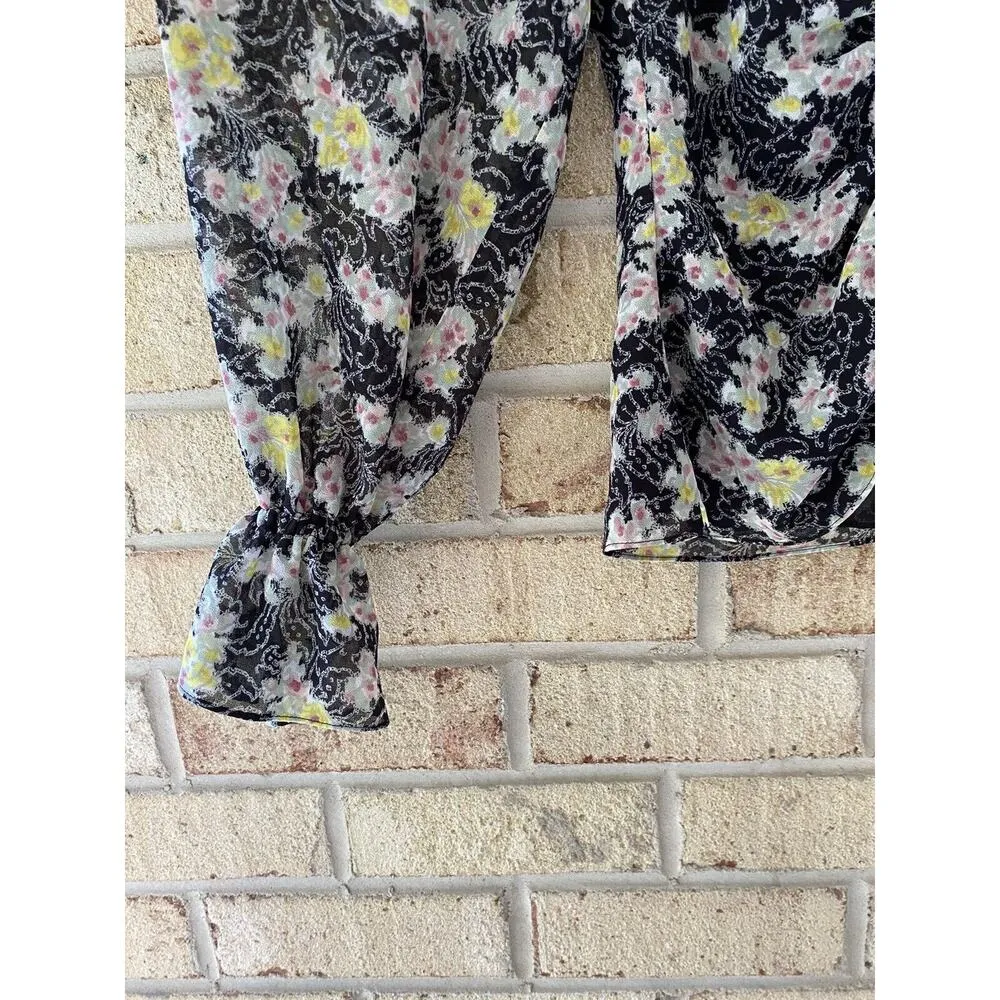 NWOT Cinq A Sept XS Kimberly Ruched Long Sleeve Top Black White Floral SemiSheer - Image 8