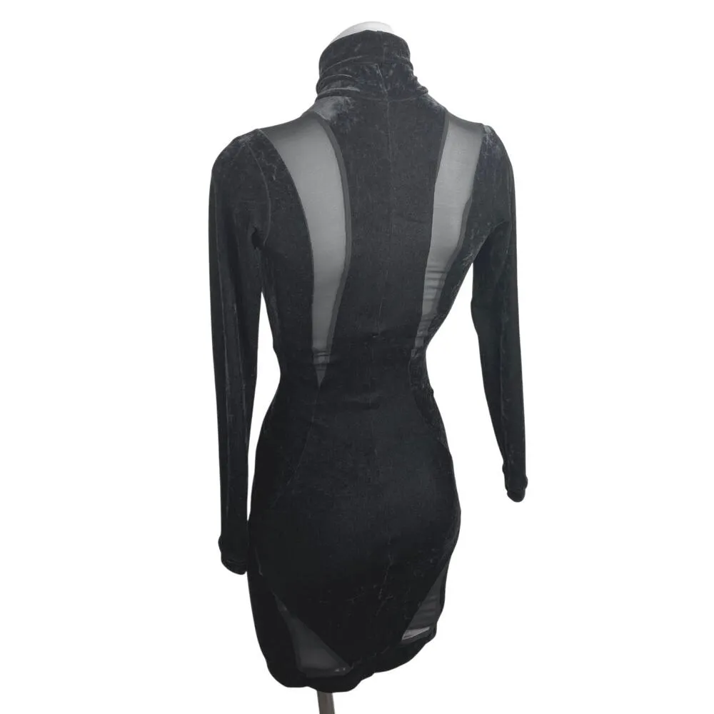 DSTM $450 Black Velvet Velour Long Sleeve Sheer Turtleneck Mini Bodycon Dress S - Image 3