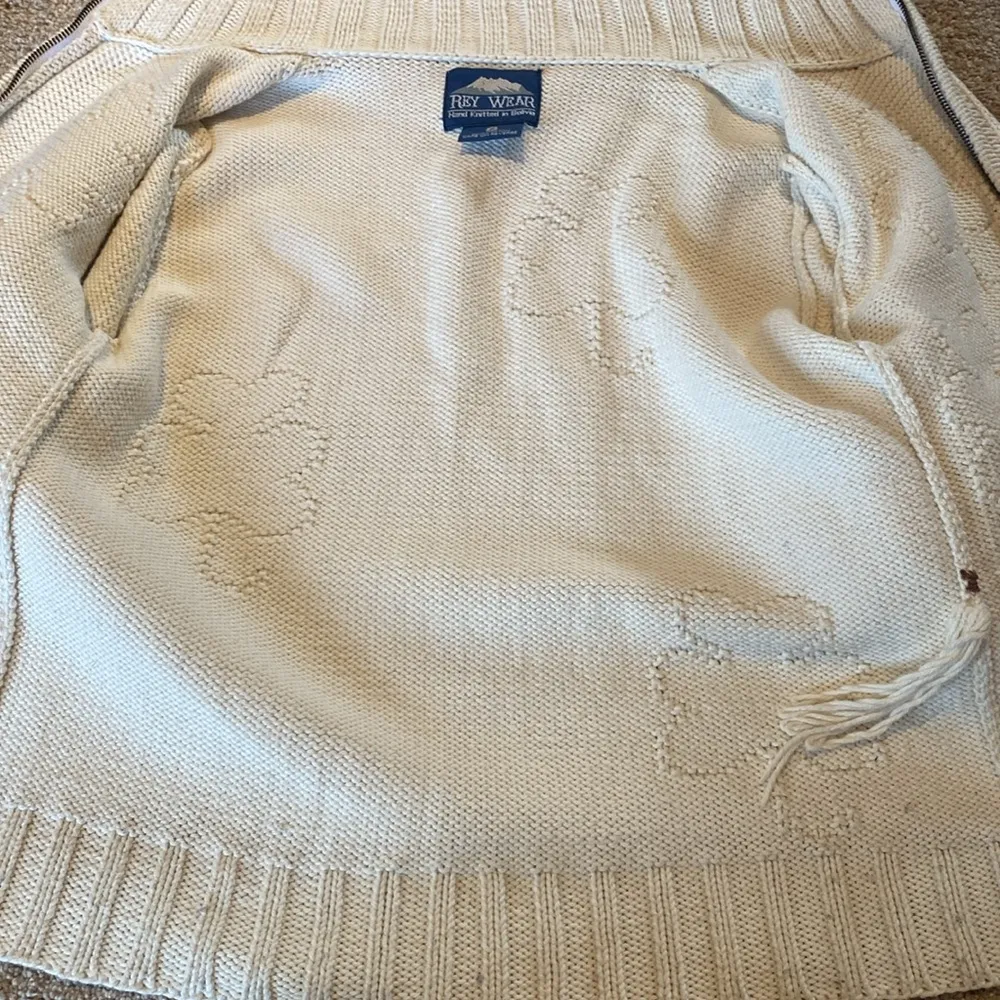 Rey Wear Mock Neck Full Zip L/S Cream Cotton Hand Made In Bolivia Cardigan Sz S White - Image 8