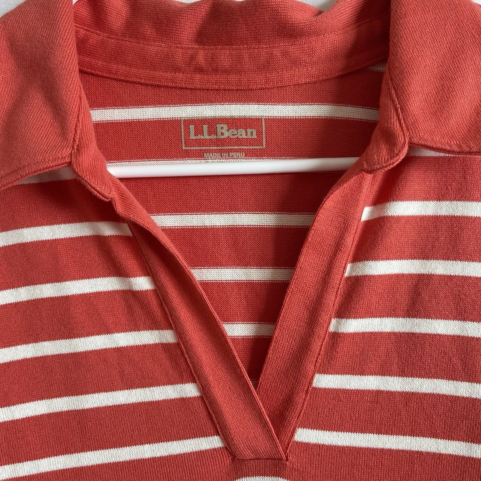 LL Bean Top Womens M Coral Pink Striped Collared Polo V Neck Cotton Red Size M - Image 3