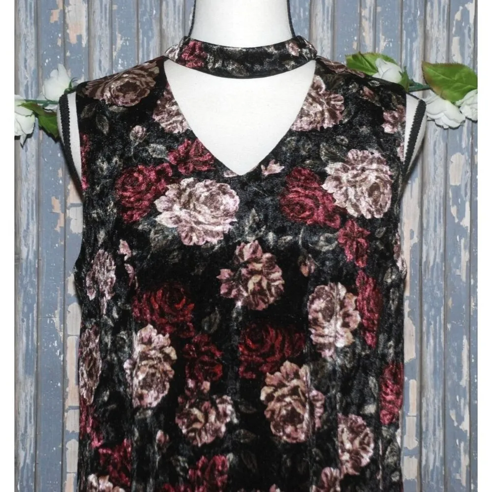AGB Black Burndy Velvet Floral Dress Size M Whimsy Goth 90's Choker Neckline Size M - Image 2