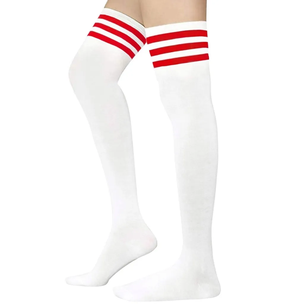 White Thigh High Nylon Stockings with Red Stripes – Retro Athletic Look - Image 3