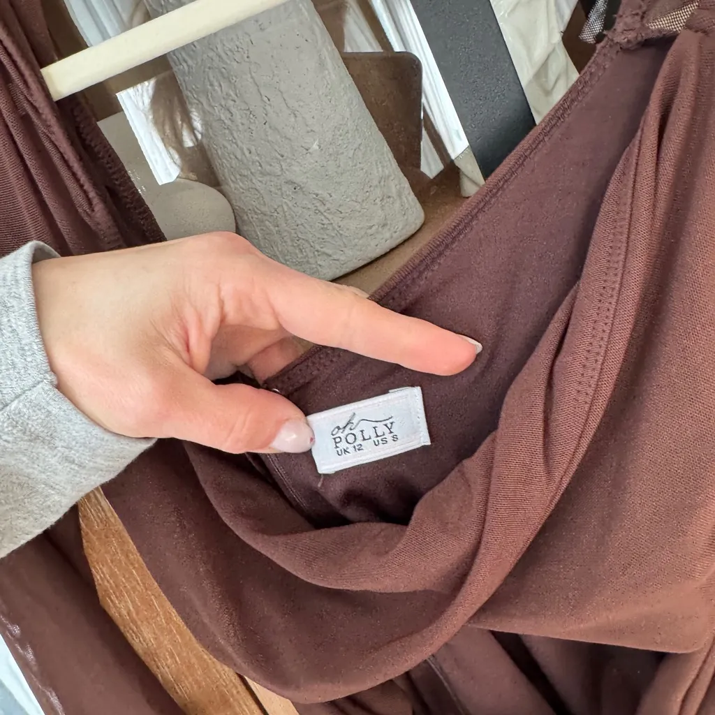 Oh Polly ruched bodycon dress Twist Cut Out Long Sleeve Mini chocolate mesh - Image 4