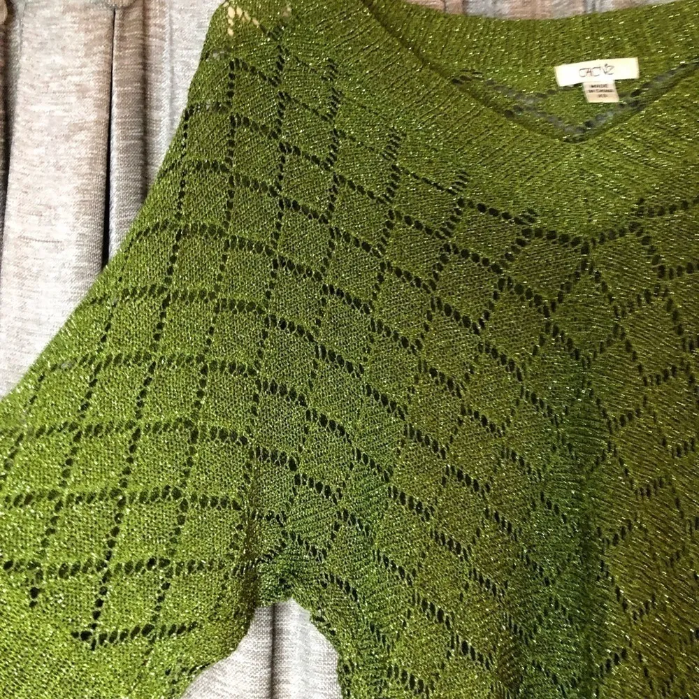 Cache Green Metallic Dolman Sleeve Open Crochet Knit Banded Bottom Top Size XS - Image 6