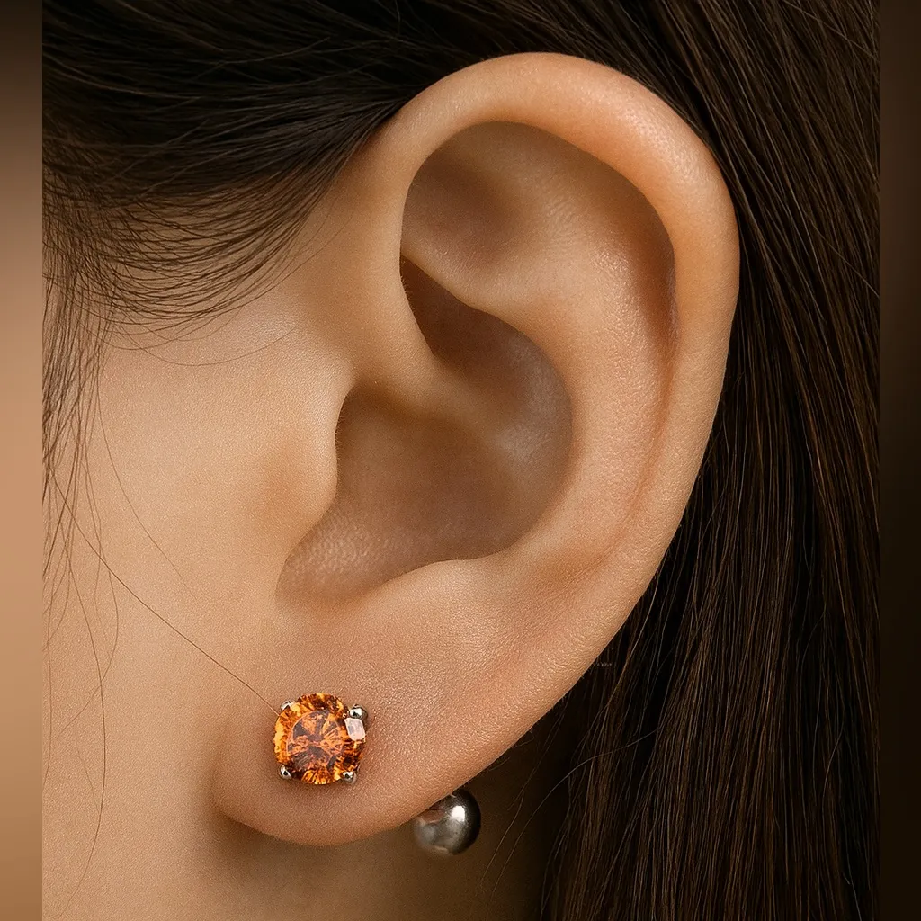 6mm Orange CZ Barbell Stud Earrings – Stainless Steel Hypoallergenic - Image 2