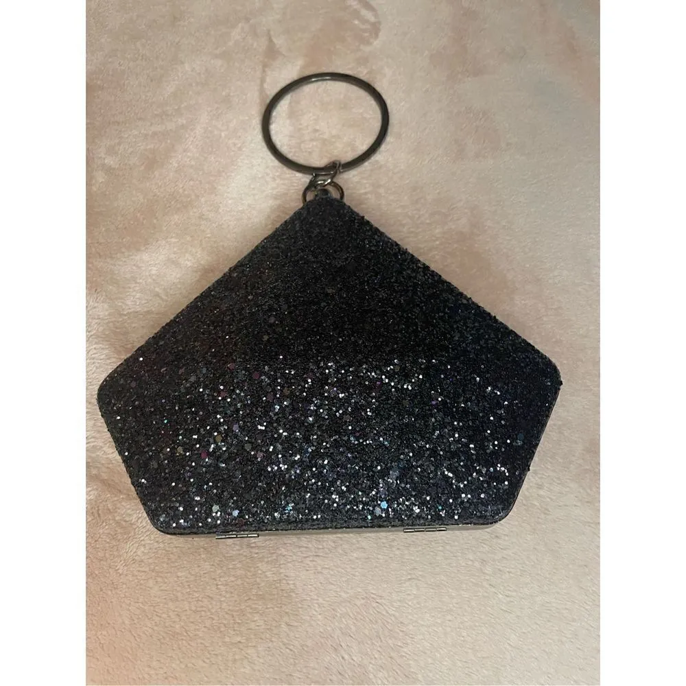 New Black Glitter Geometric Clutch With Round Handle/ Shoulder Strap - Image 5