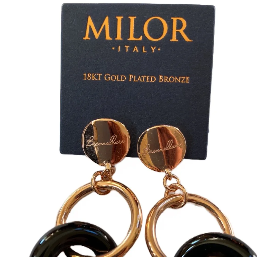 🆕 18kt Rose Gold Bronzallure & Onyx 3” Dangle Circle Hoop Earrings, MILOR Italy Pink - Image 5