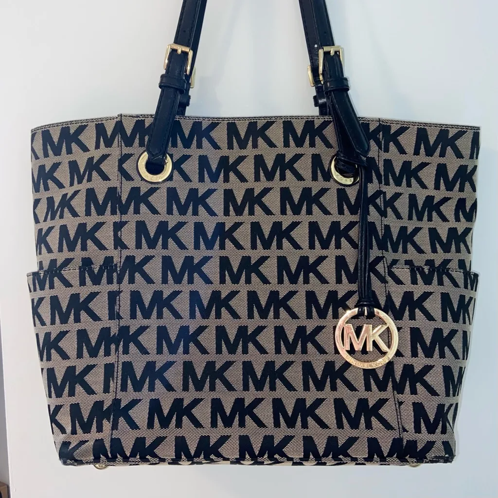 Michael Kors Jet Set East West Jacquard Black and Tan Logo Tote - Image 3