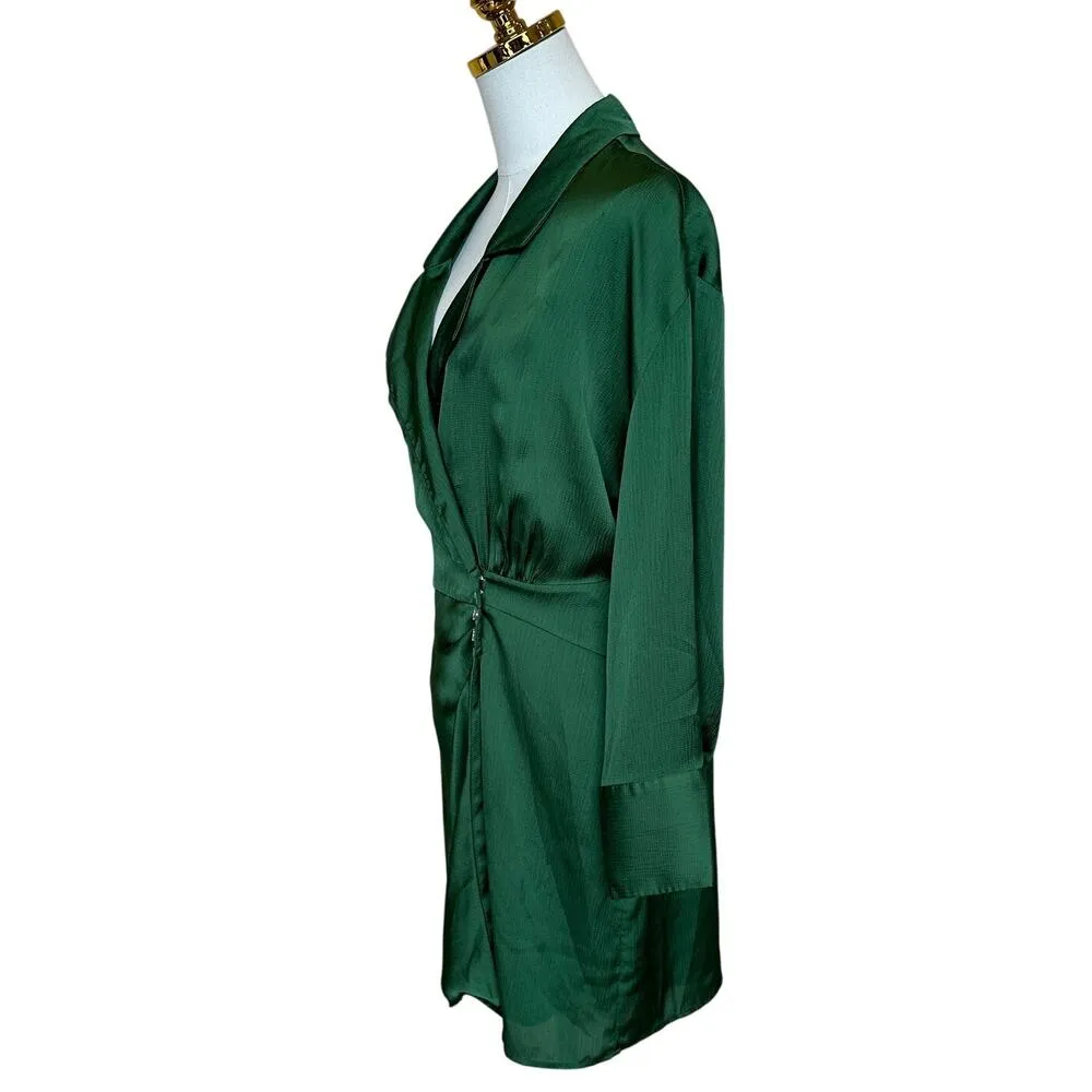 BA&SH Green Mini Shirt Dress XS Wrap Designer Cocktail Satin Ruched Holiday $340 - Image 9