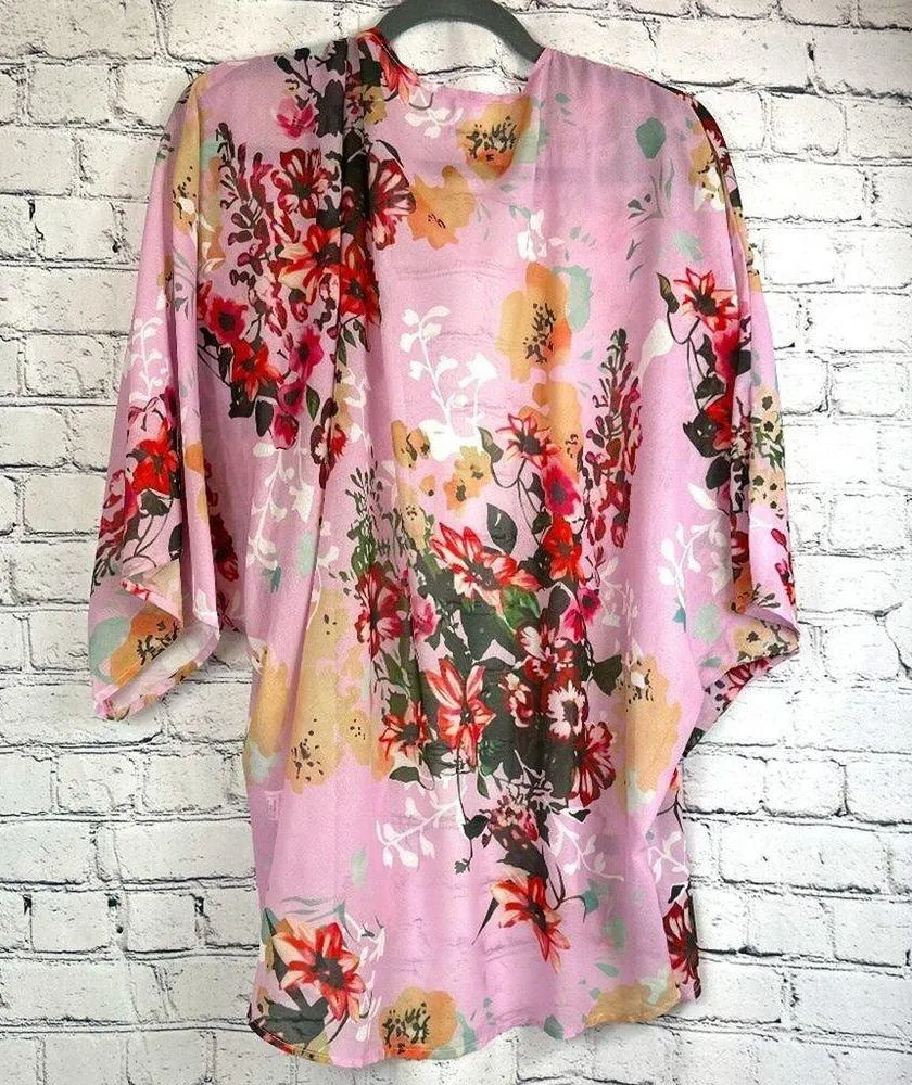 Women's Batwing Floral Chiffon Kimono Beachwear Cover Up Pink L Size L - Image 11