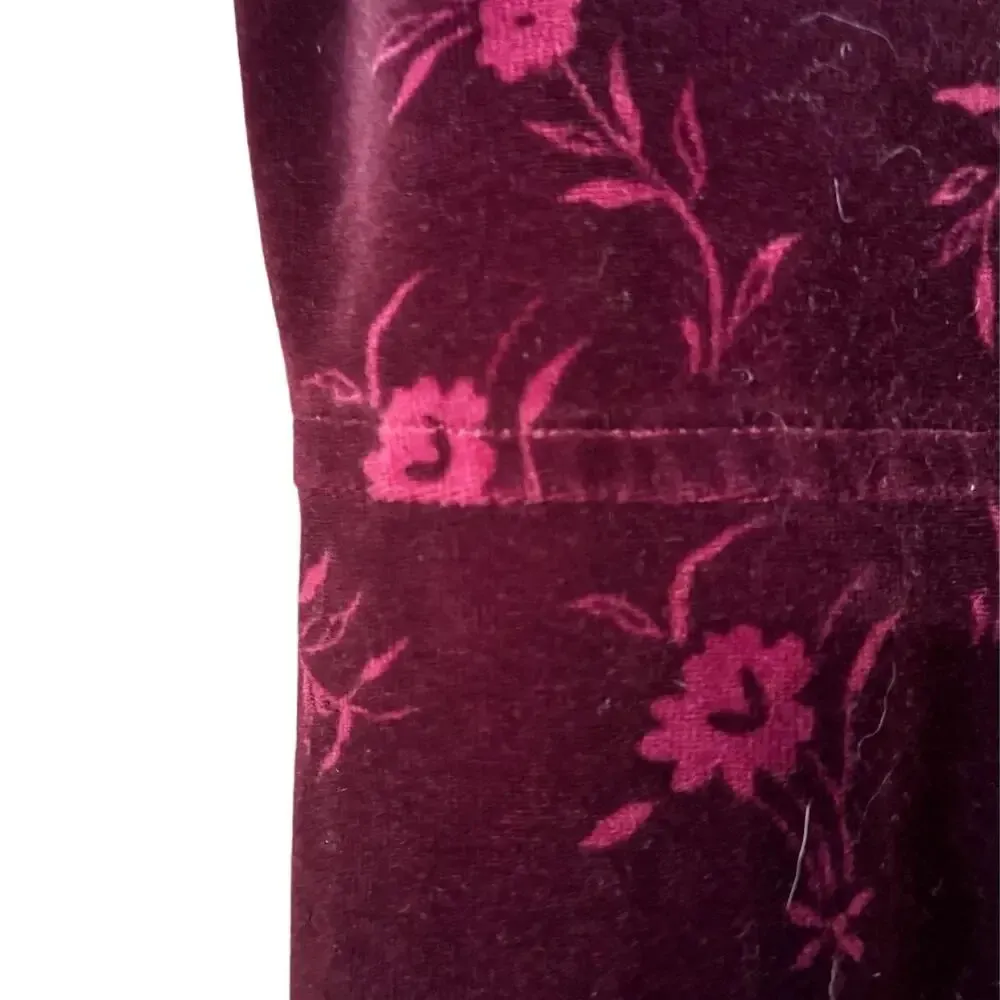 VTG L.L. Bean Cotton Blend oxblood velvet floral embossed long sleeve MAXI 12 Red - Image 3