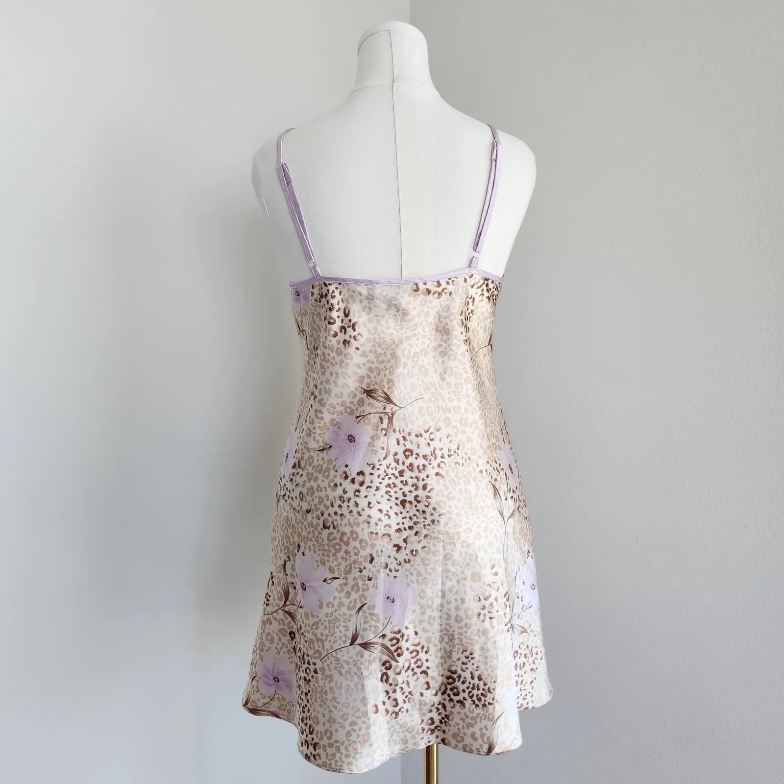 Vintage Y2K Jones New York Beige Leopard Floral Satin Slip Dress Lilac Trim L - Image 6