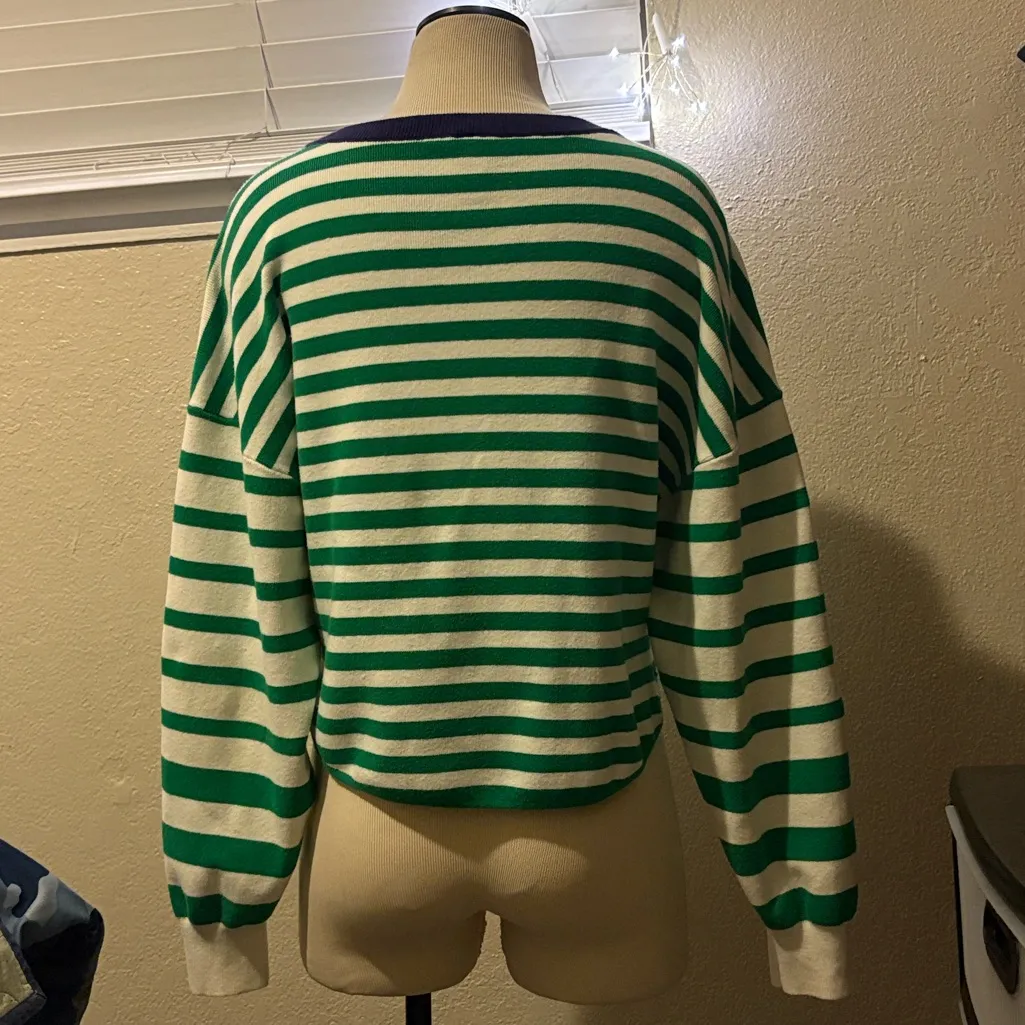 ANTHRO Daily Practice Green White Stripe Navy Round Neck Top $98 EUC M - Image 9