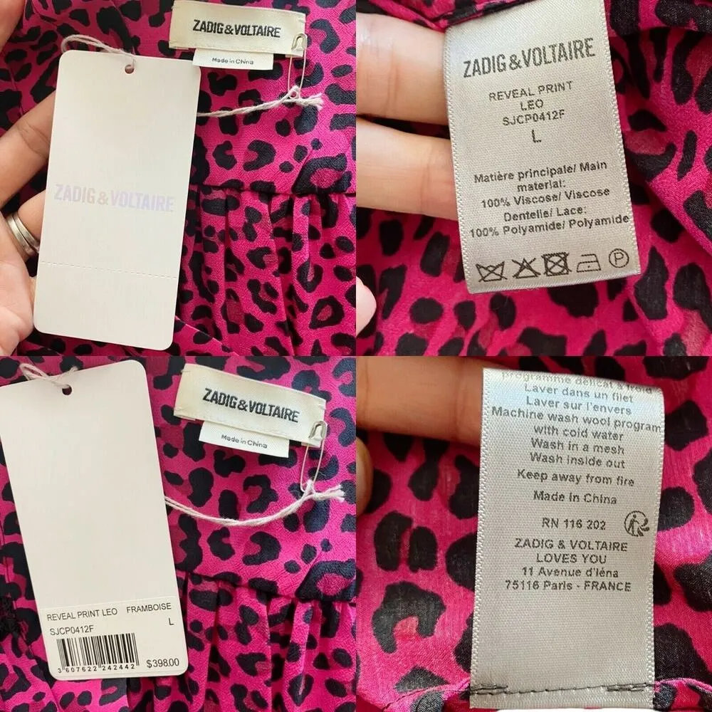 ZADIG & VOLTAIRE Reveal Leopard Print Dress Hot Pink Black MSRP $398 Large NWT - Image 9
