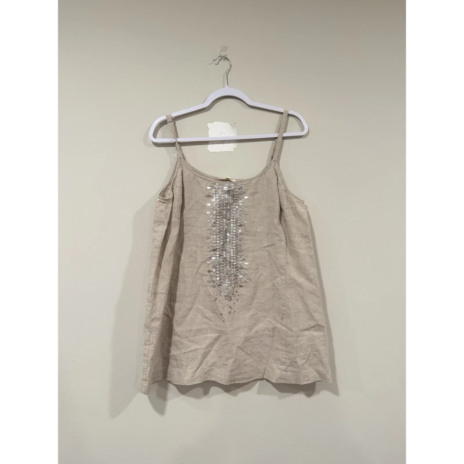 Eileen Fisher Top Womens Large Beige Organic Linen Sequin Boho Lagenlook 2318 - Image 2