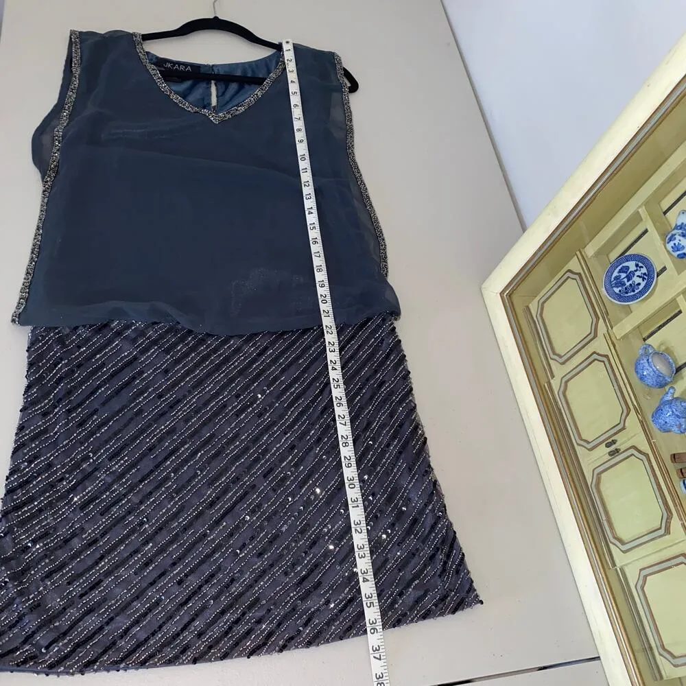 J Kara Gray Blue Grey Chiffon Beaded Blouson Mini Cocktail Wedding Guest Dress 6 - Image 10