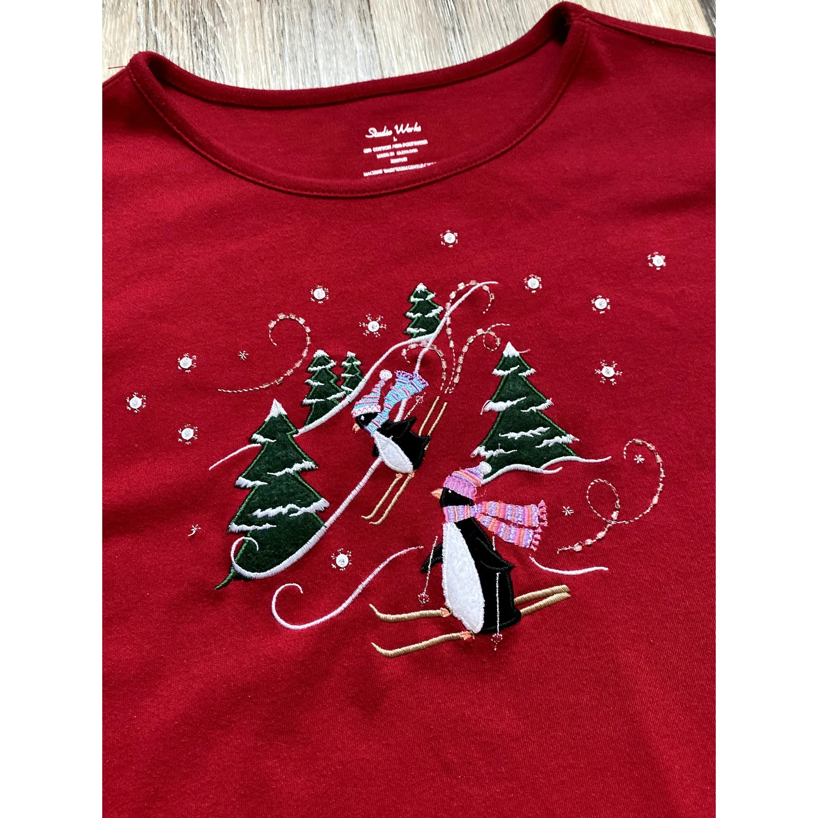 Studio Works Embroidered Beaded Red Cotton Penguin Holiday Top Large Winter Cozy - Image 3