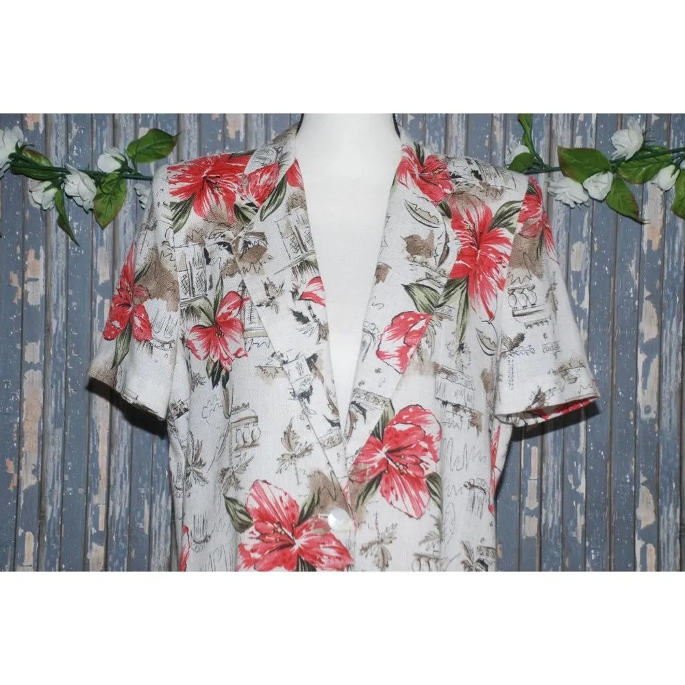Tofy Tan Hawaiian Floral Jacket Size 8 Flax Blend Shoulder Pads Short Sleeves - Image 2