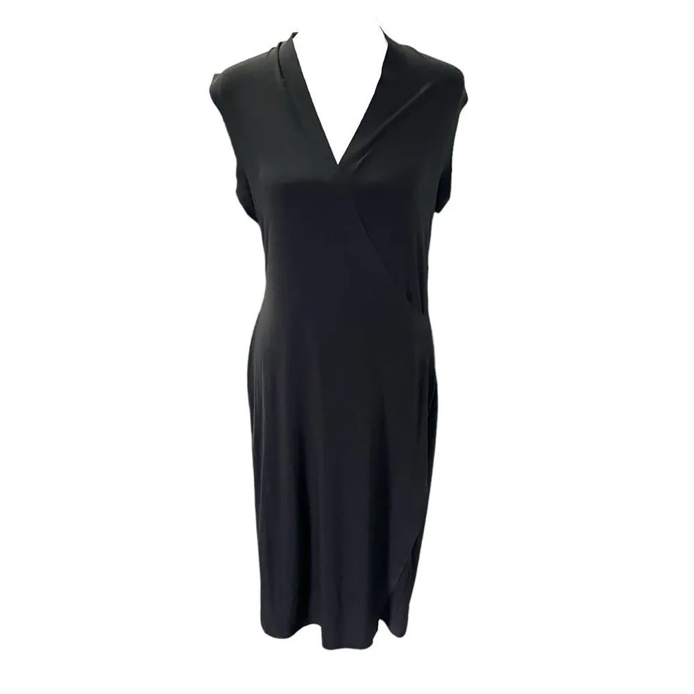 Norma Kamali Sleeveless Side Draped V Neck Faux Wrap Black Midi Dress NWT Size M - Image 3