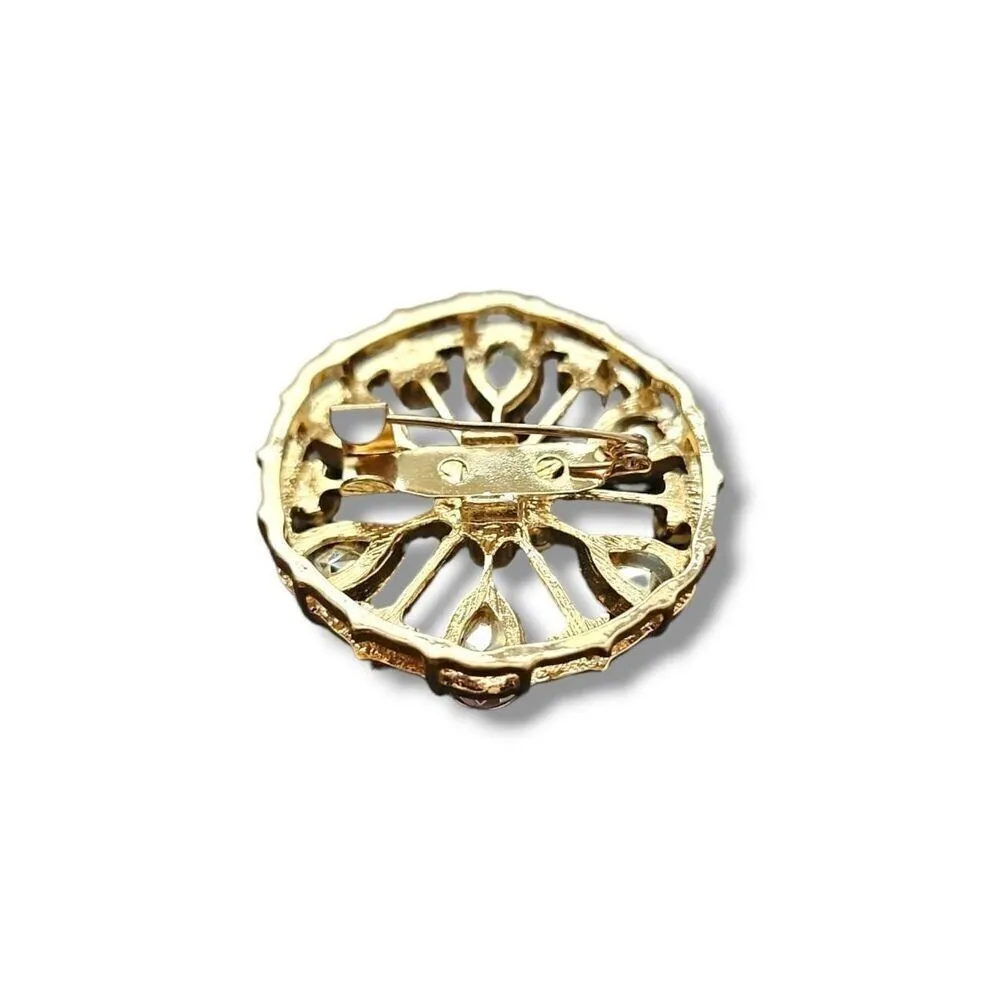 Vintage 80's Womens Gold Toned Rhinestone Teardrop Fillagree Brooch‎ Pin Elegant - Image 3