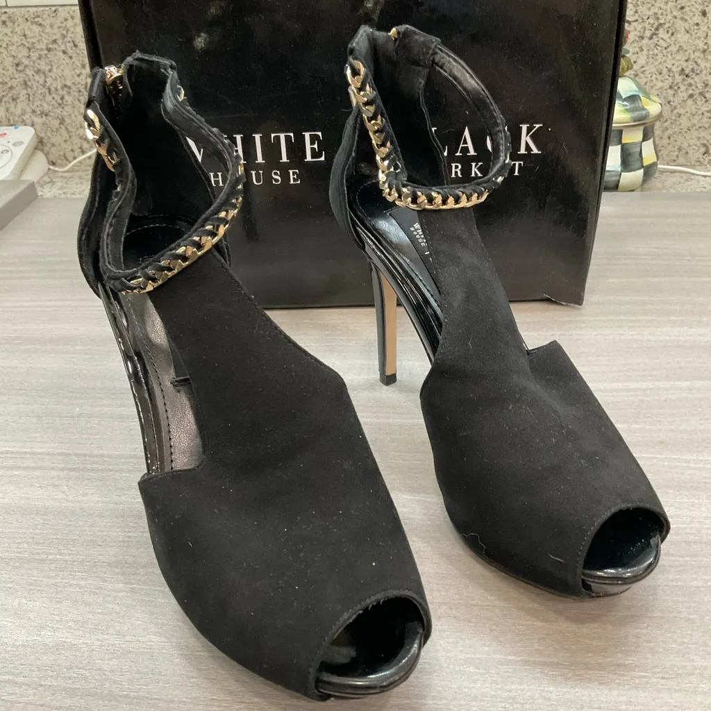 WHITE HOUSE BLACK MARKET ADONIA BLACK CHAIN SHORT PEEP TOE STILETTO HEEL - Image 12