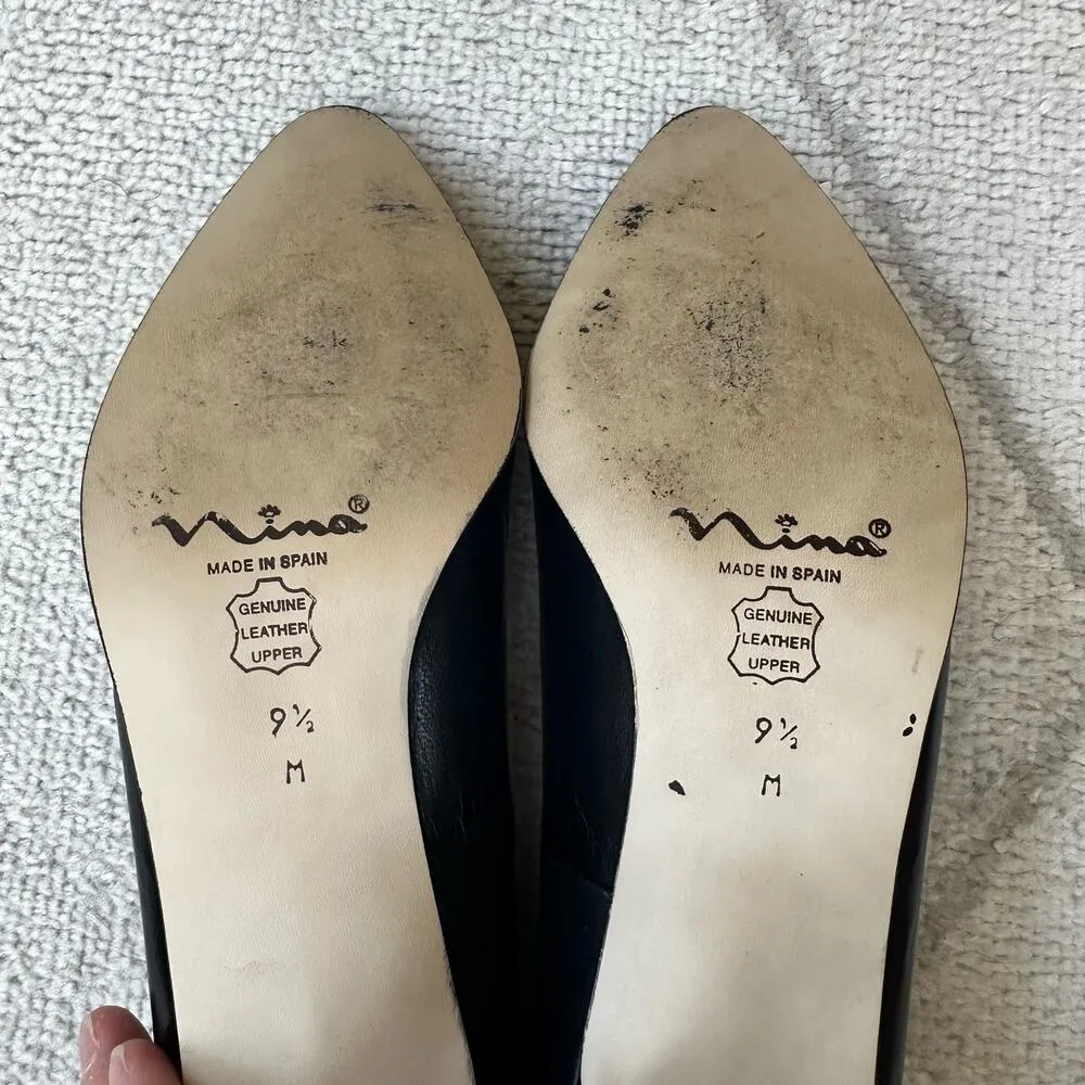 Vintage 90s Nina Black Leather Pumps Embellished Heel Sz 9 - Image 4